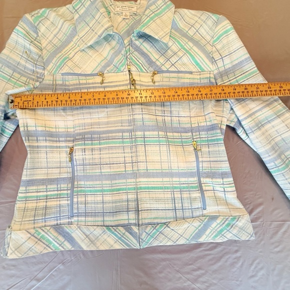 St John Cream/Teal/Blue Watercolor Plaid Gold Zip Jacket Size Large $425 - Picture 12 of 13